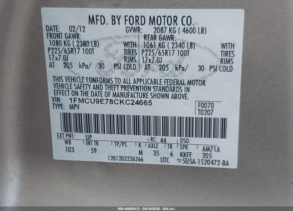 2012 FORD ESCAPE LIMITED VIN: 1FMCU9E78CKC24665