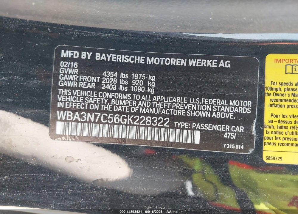 2016 BMW 428I VIN: WBA3N7C56GK228322