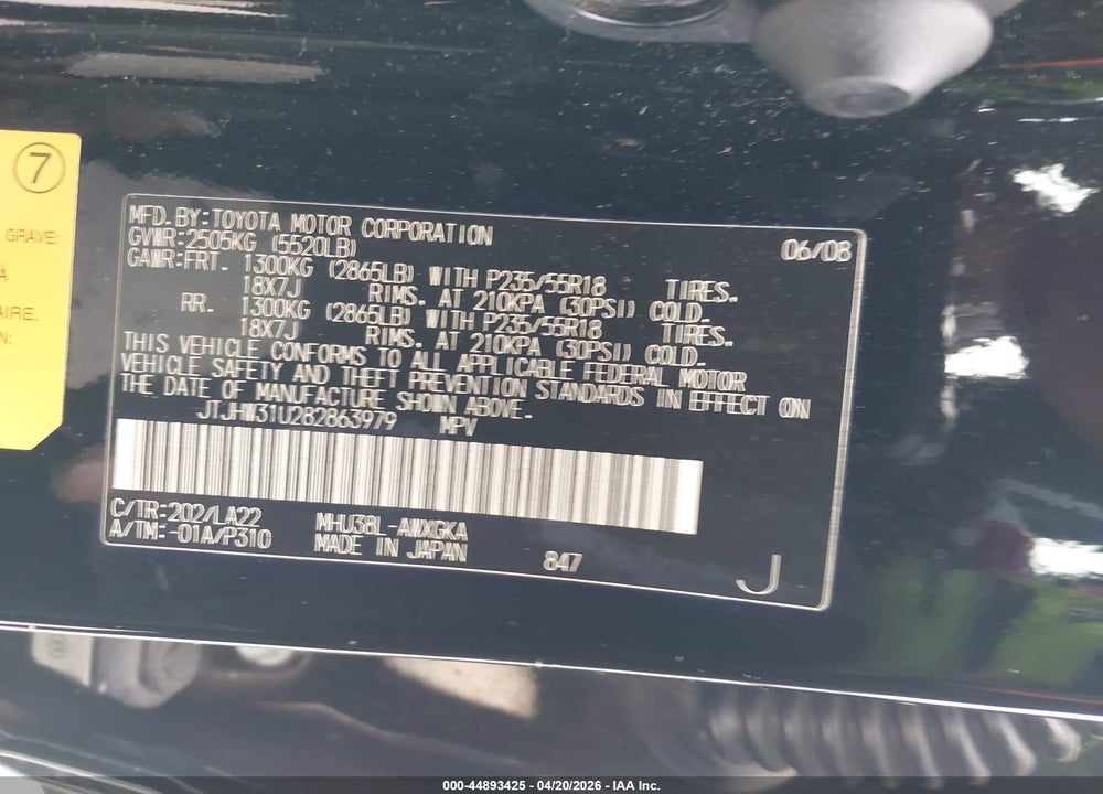 2008 LEXUS RX 400H VIN: JTJHW31U282863979