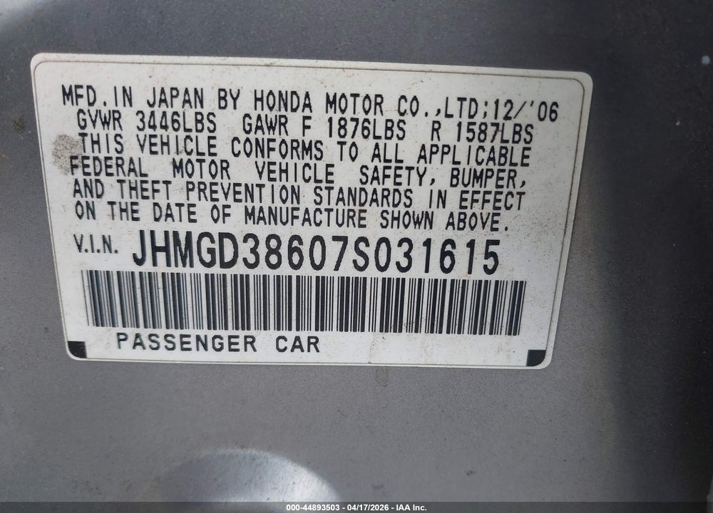 2007 HONDA FIT SPORT VIN: JHMGD38607S031615
