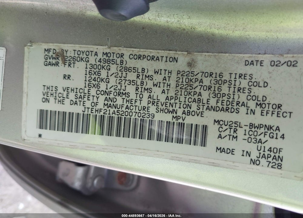 2002 TOYOTA HIGHLANDER V6 VIN: JTEHF21A520070239