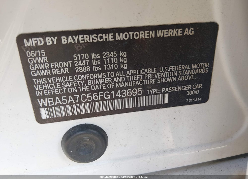 2015 BMW 528I XDRIVE VIN: WBA5A7C56FG143695