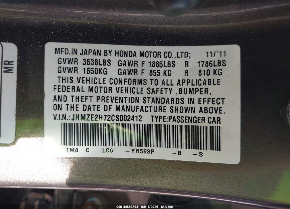 2012 HONDA INSIGHT EX VIN: JHMZE2H72CS002412