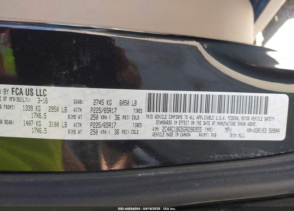 2016 CHRYSLER TOWN & COUNTRY TOURING VIN: 2C4RC1BG5GR296955