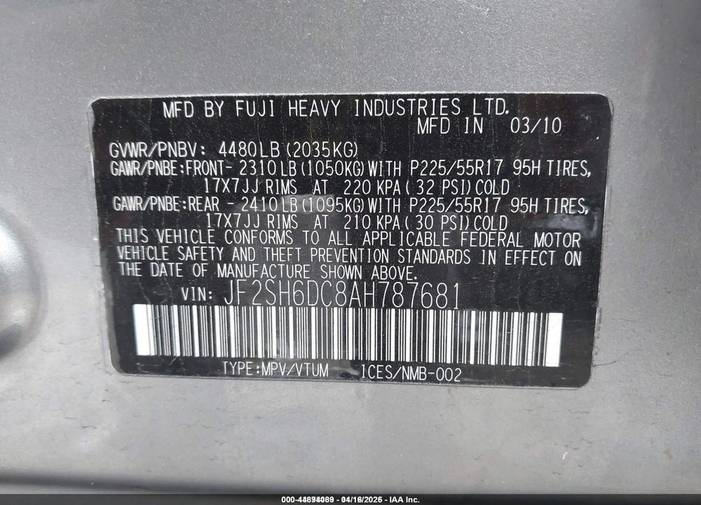 2010 SUBARU FORESTER 2.5X LIMITED VIN: JF2SH6DC8AH787681