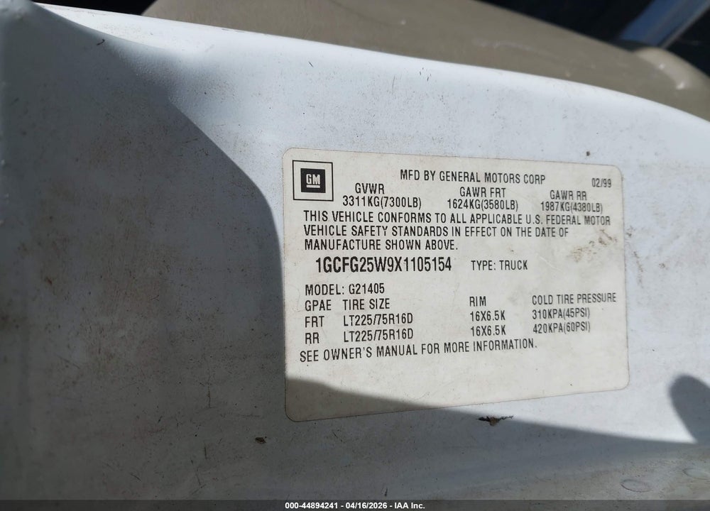 1999 CHEVROLET EXPRESS VIN: 1GCFG25W9X1105154