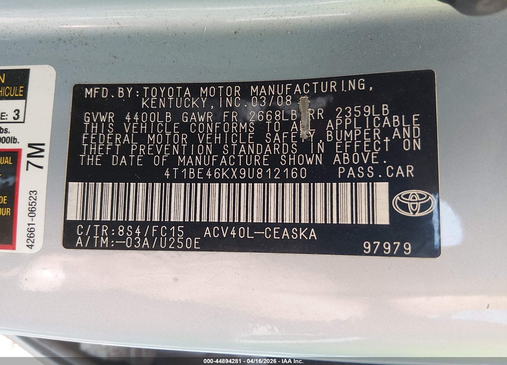 2009 TOYOTA CAMRY SE VIN: 4T1BE46KX9U812160