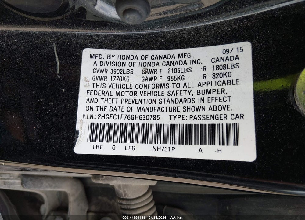 2016 HONDA CIVIC EX-L VIN: 2HGFC1F76GH630785