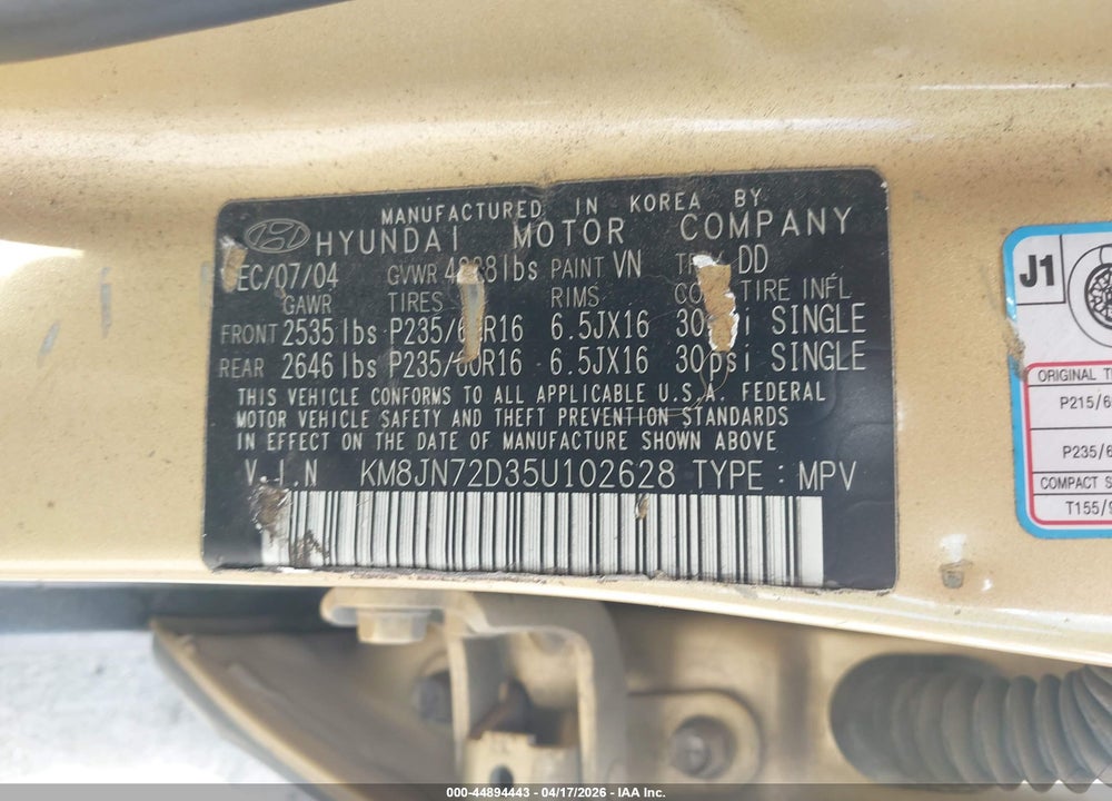 2005 HYUNDAI TUCSON GLS/LX VIN: KM8JN72D35U102628