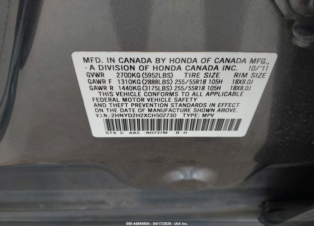 2012 ACURA MDX VIN: 2HNYD2H2XCH502730