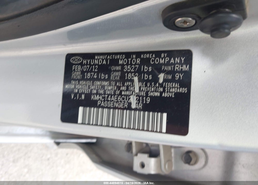 2012 HYUNDAI ACCENT GLS VIN: KMHCT4AE6CU222119