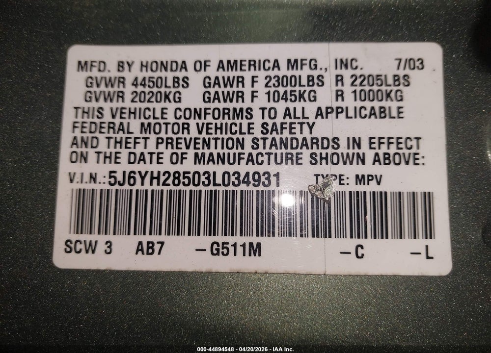 2003 HONDA ELEMENT EX VIN: 5J6YH28503L034931