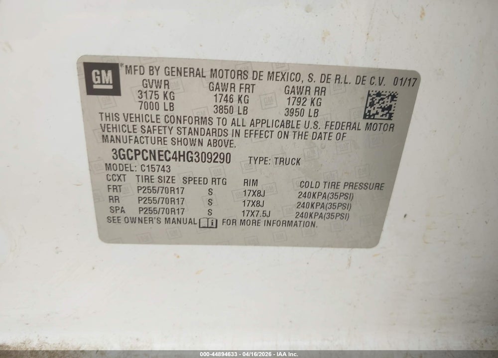 2017 CHEVROLET SILVERADO 1500 WT VIN: 3GCPCNEC4HG309290