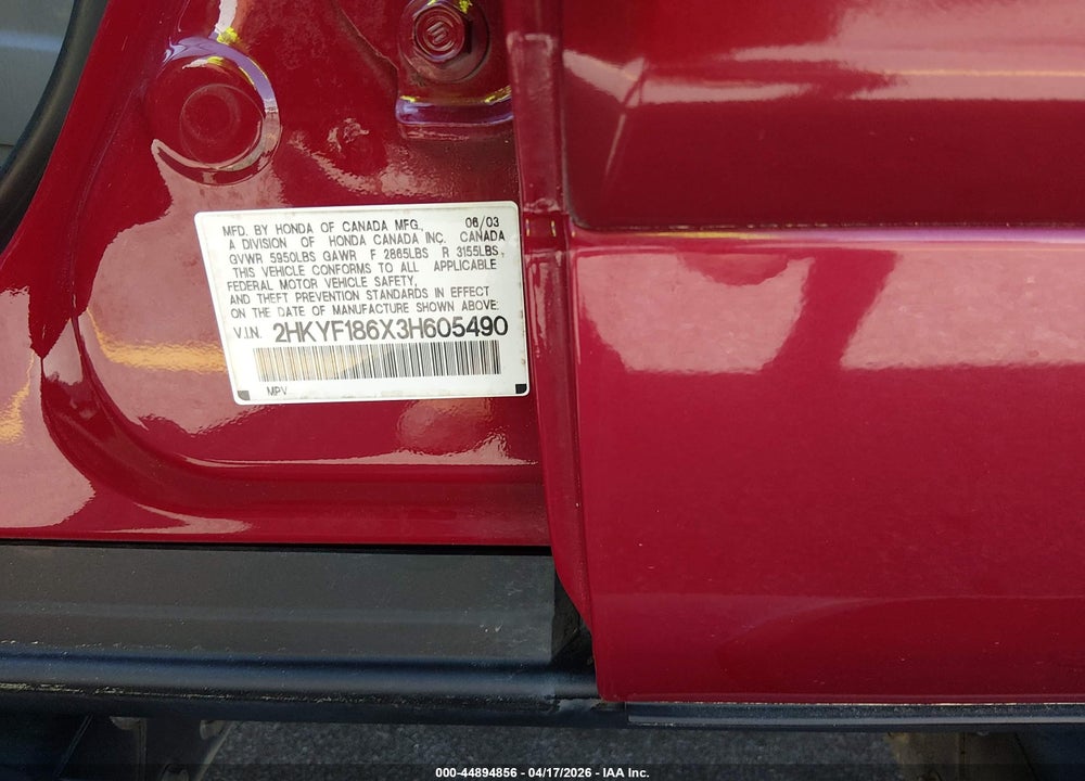 2003 HONDA PILOT EX-L VIN: 2HKYF186X3H605490