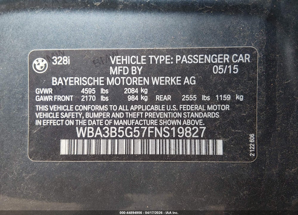 2015 BMW 328I XDRIVE VIN: WBA3B5G57FNS19827