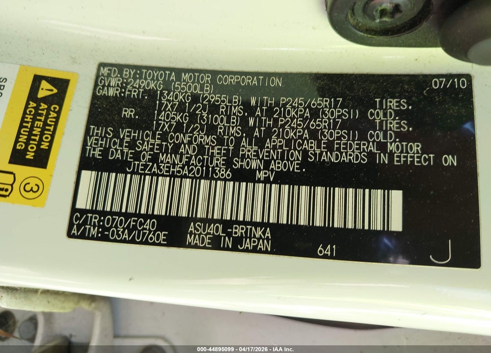 2010 TOYOTA HIGHLANDER VIN: JTEZA3EH5A2011386