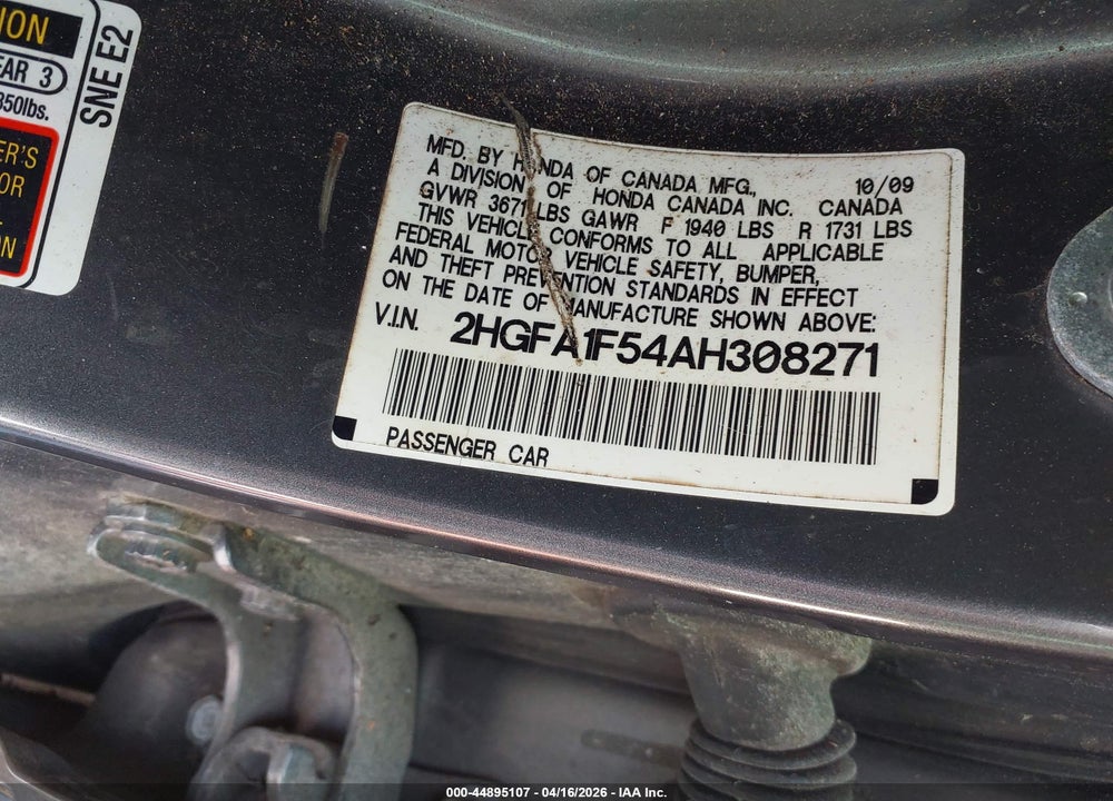 2010 HONDA CIVIC LX VIN: 2HGFA1F54AH308271