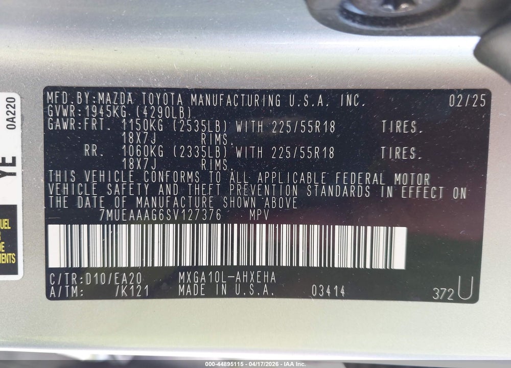 2025 TOYOTA COROLLA CROSS XLE VIN: 7MUEAAAG6SV127376