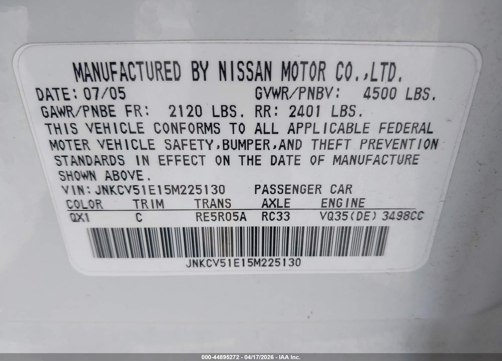 2005 INFINITI G35 VIN: JNKCV51E15M225130