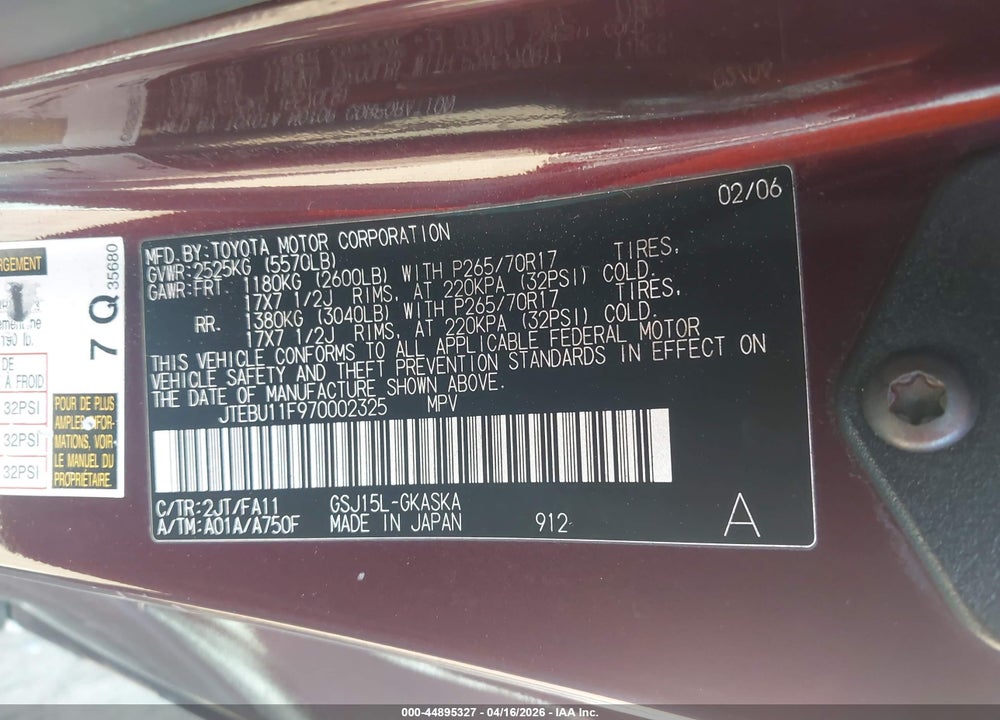 2007 TOYOTA FJ CRUISER VIN: JTEBU11F970002325