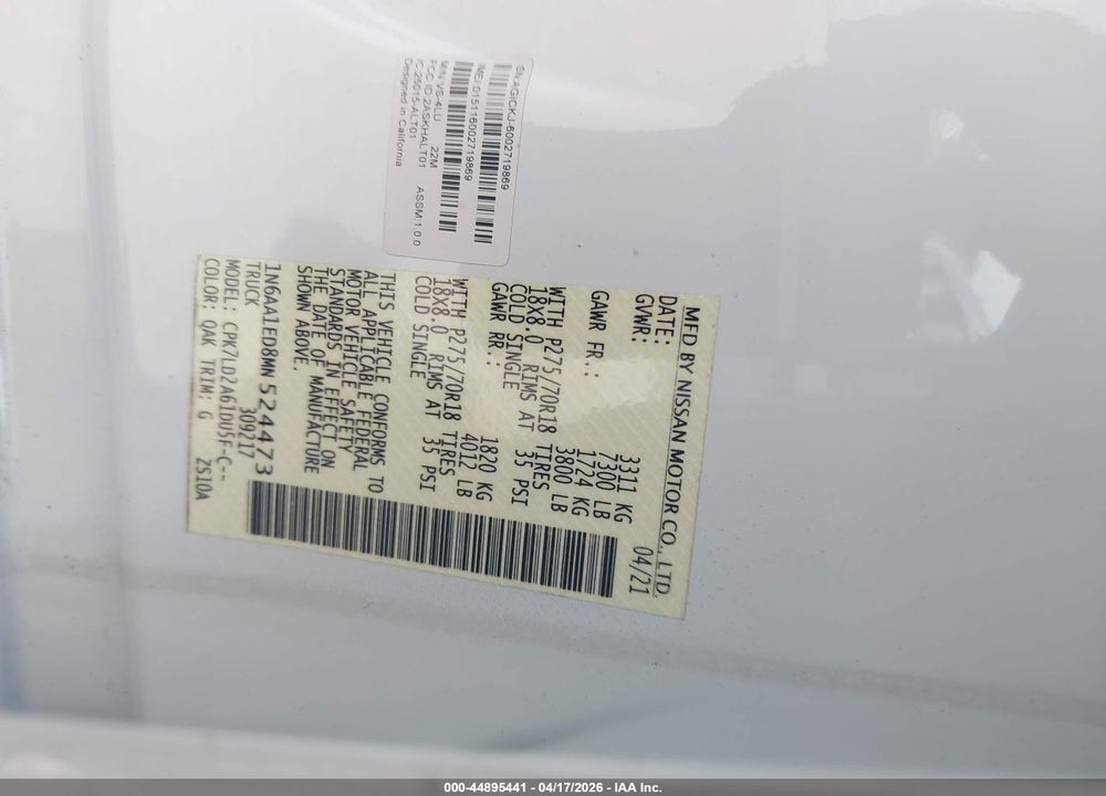 2021 NISSAN TITAN PRO-4X 4X4 VIN: 1N6AA1ED8MN524473
