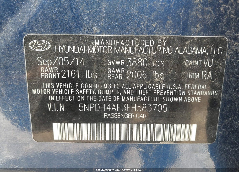 2015 HYUNDAI ELANTRA SE VIN: 5NPDH4AE3FH583705