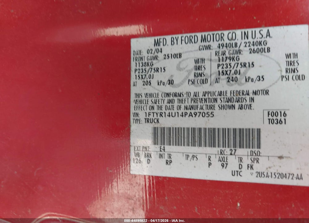 2004 FORD RANGER EDGE/TREMOR/XL/XLT VIN: 1FTYR14U14PA97055