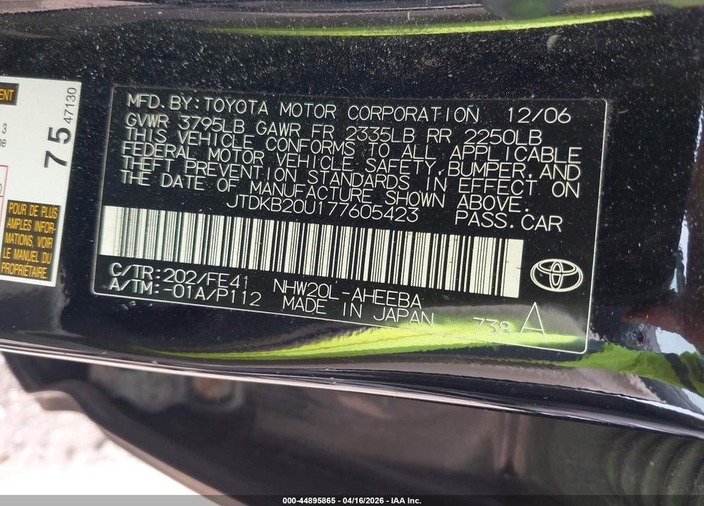 2007 TOYOTA PRIUS VIN: JTDKB20U177605423
