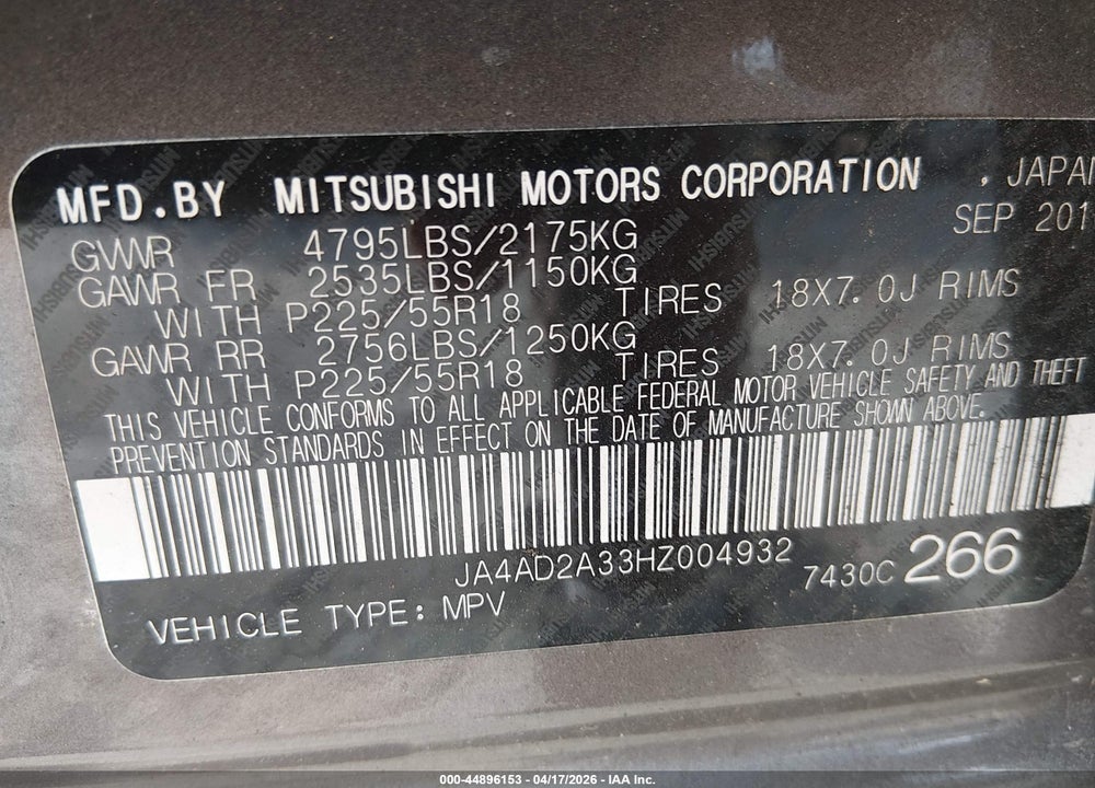2017 MITSUBISHI OUTLANDER ES VIN: JA4AD2A33HZ004932