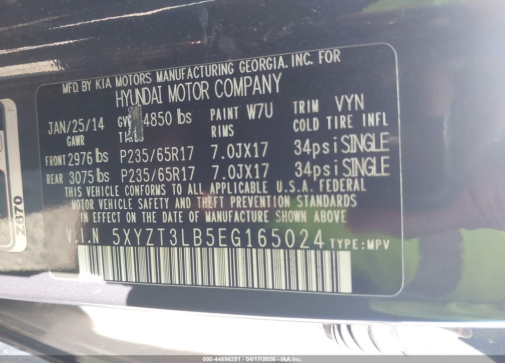 2014 HYUNDAI SANTA FE SPORT 2.4L VIN: 5XYZT3LB5EG165024