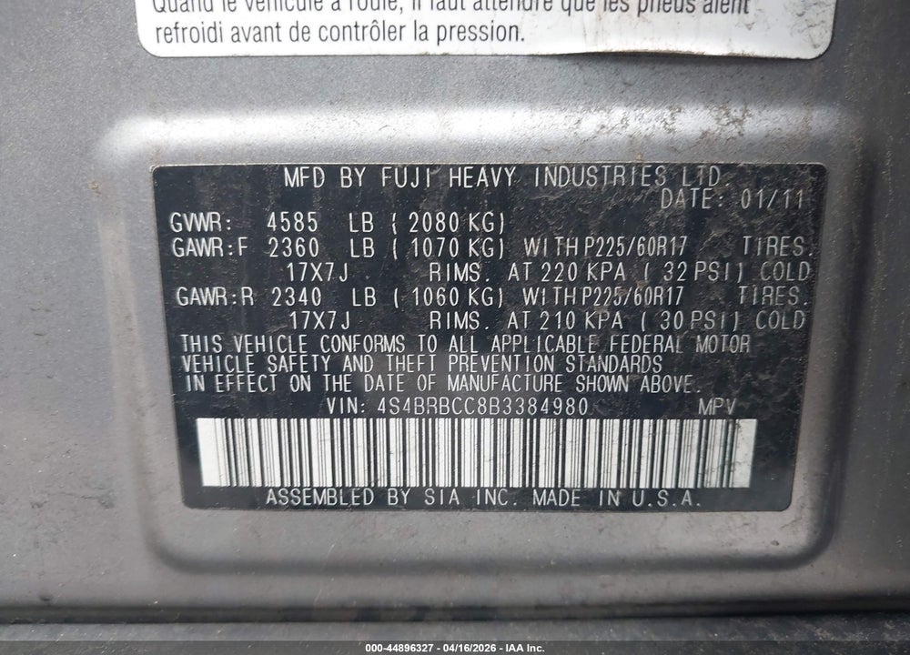 2011 SUBARU OUTBACK 2.5I PREMIUM VIN: 4S4BRBCC8B3384980