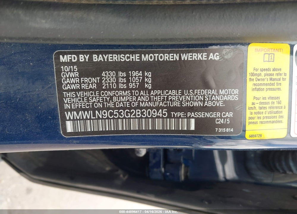 2016 MINI CLUBMAN COOPER S VIN: WMWLN9C53G2B30945