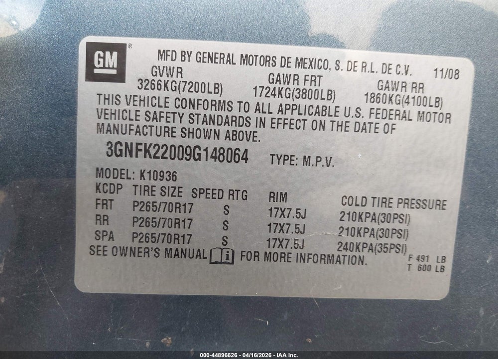 2009 CHEVROLET AVALANCHE 1500 LT1 VIN: 3GNFK22009G148064