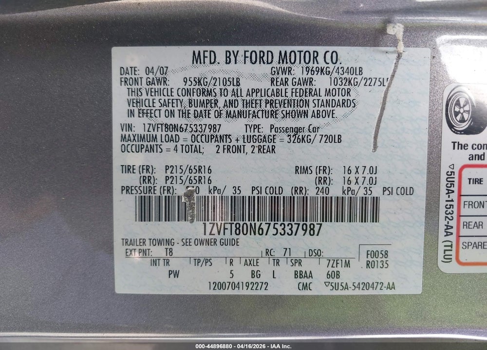 2007 FORD MUSTANG V6 DELUXE/V6 PREMIUM VIN: 1ZVFT80N675337987