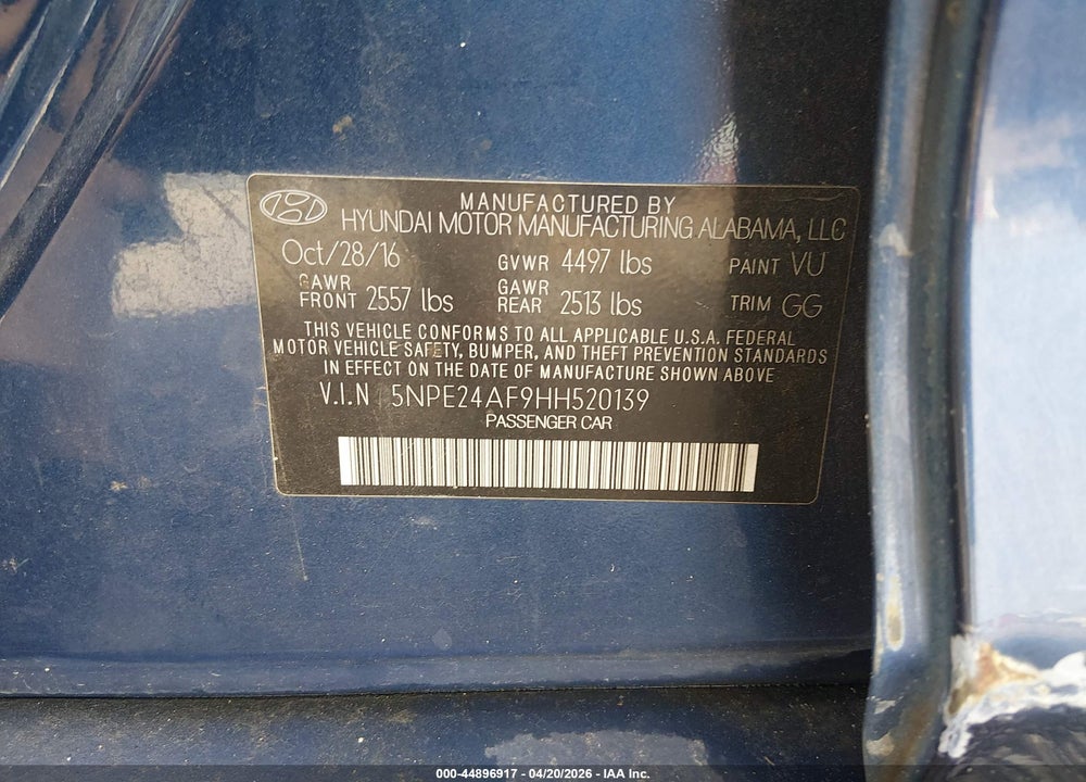 2017 HYUNDAI SONATA VIN: 5NPE24AF9HH520139