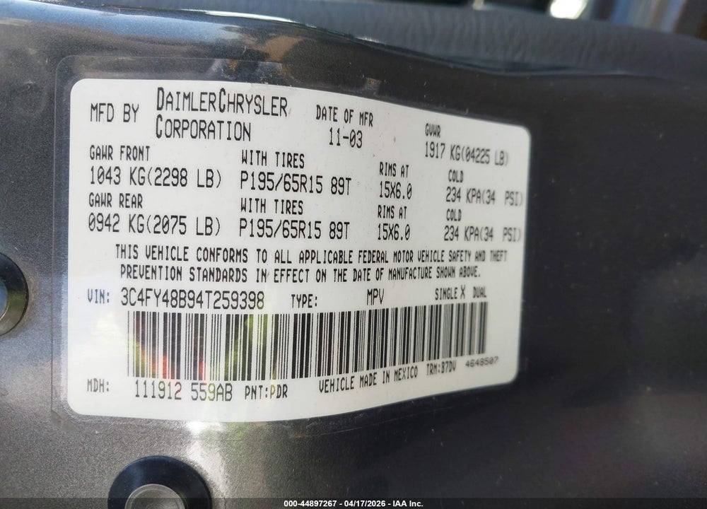 2004 CHRYSLER PT CRUISER VIN: 3C4FY48B94T259398