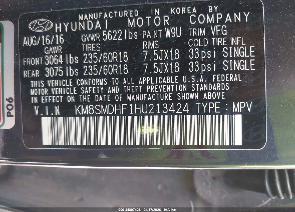 2017 HYUNDAI SANTA FE SE VIN: KM8SMDHF1HU213424