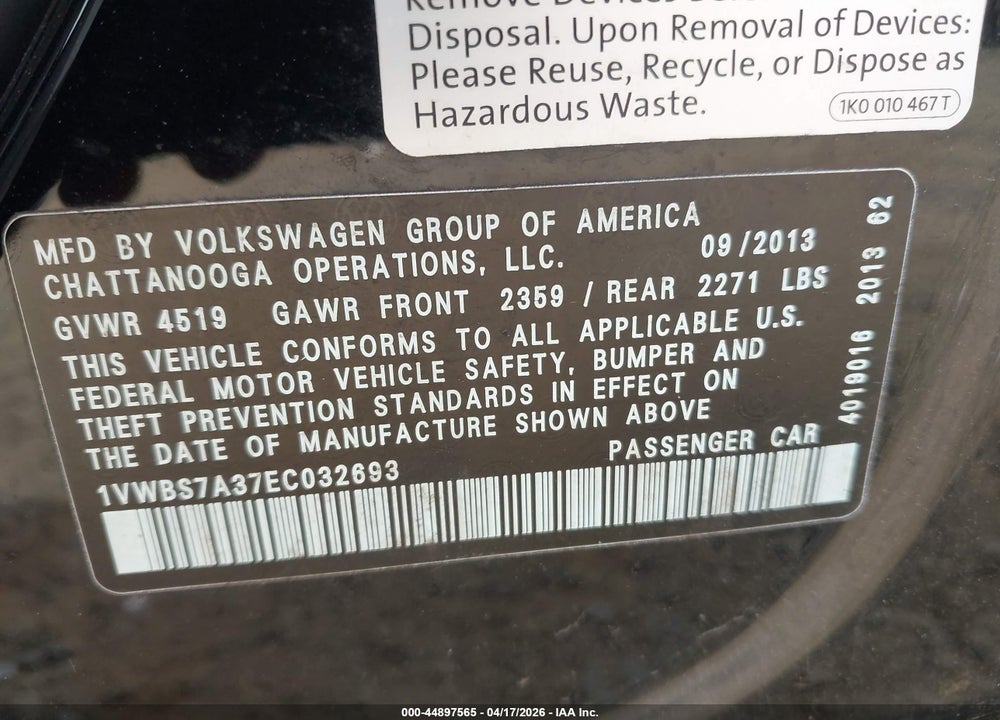 2014 VOLKSWAGEN PASSAT 1.8T SE VIN: 1VWBS7A37EC032693