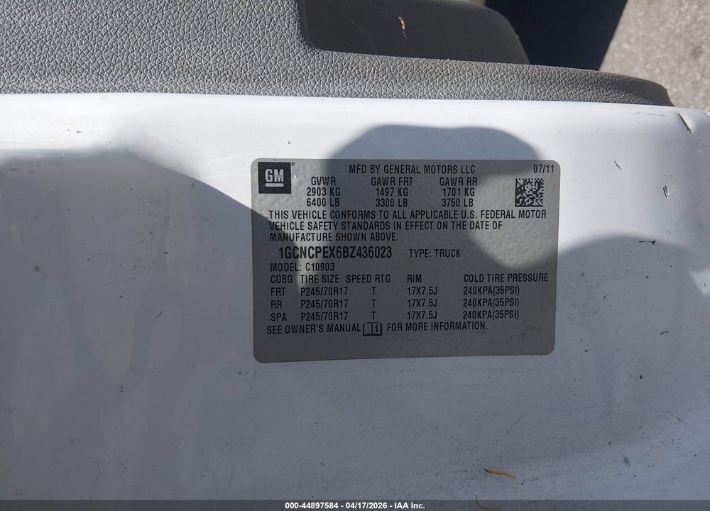 2011 CHEVROLET SILVERADO 1500 WORK TRUCK VIN: 1GCNCPEX6BZ436023