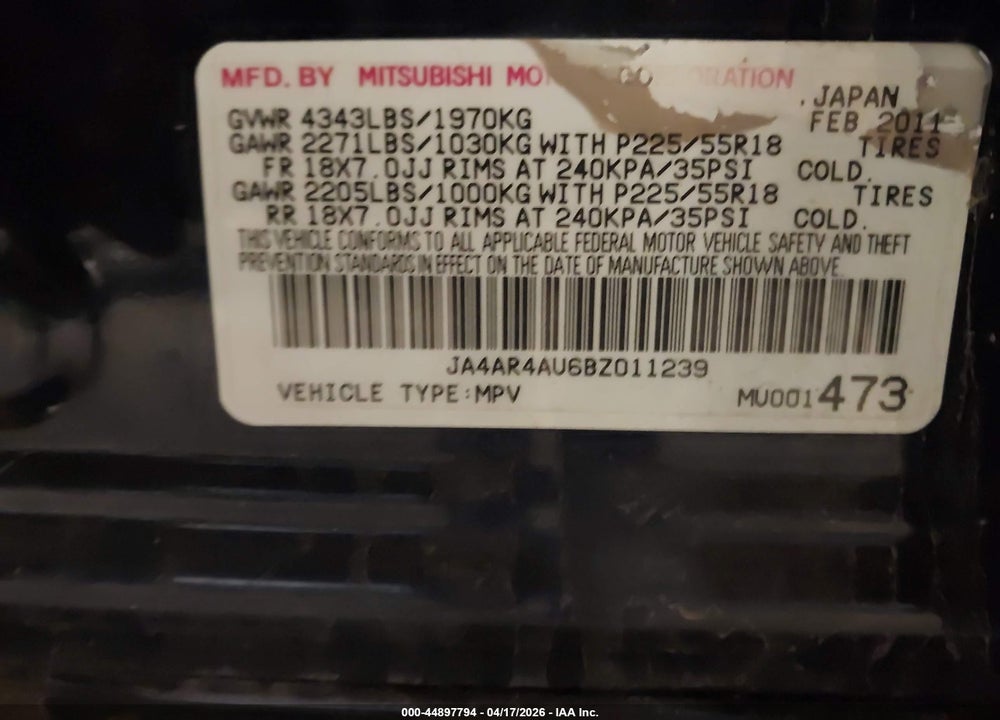 2011 MITSUBISHI OUTLANDER SPORT SE VIN: JA4AR4AU6BZ011239
