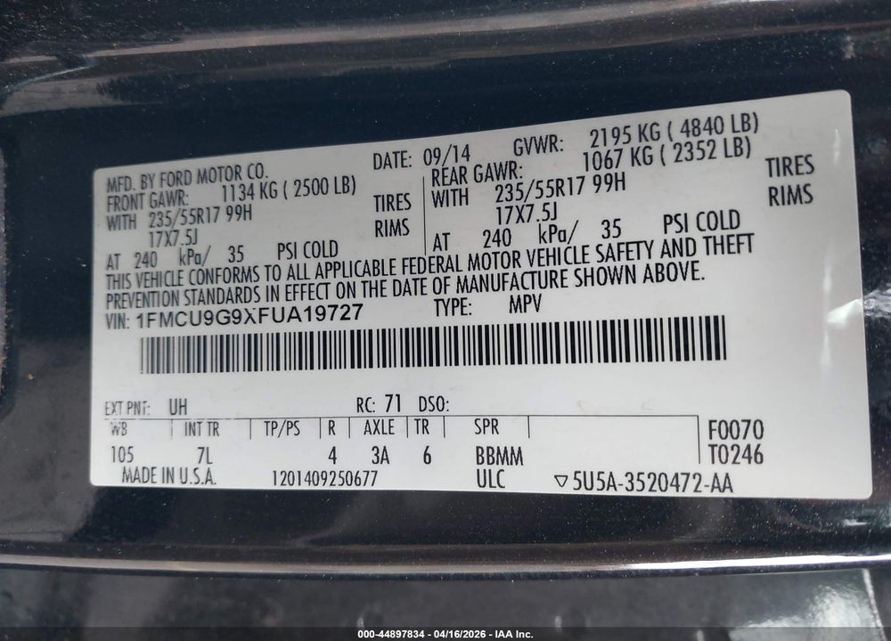 2015 FORD ESCAPE SE VIN: 1FMCU9G9XFUA19727