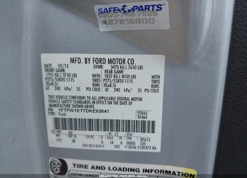2013 FORD F-150 FX4 VIN: 1FTFW1ET7DKE93641