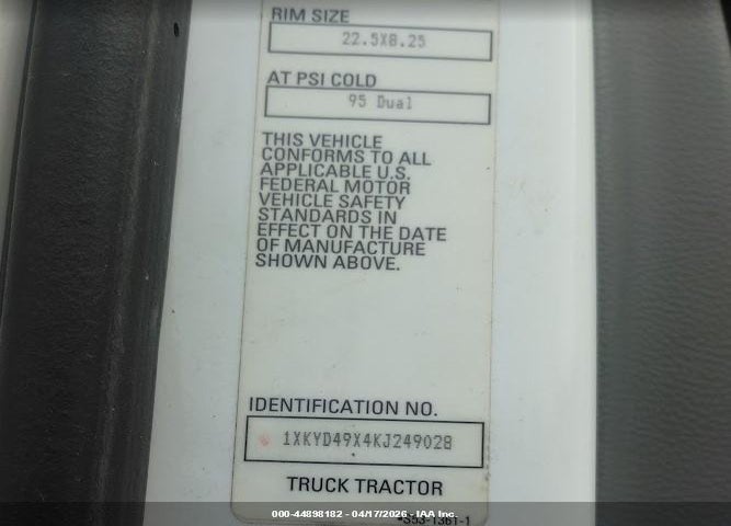 2019 KENWORTH T680 VIN: 1XKYD49X4KJ249028