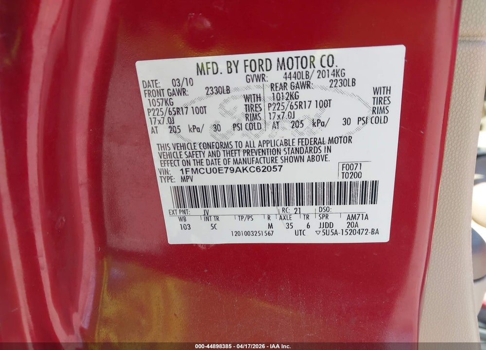2010 FORD ESCAPE LIMITED VIN: 1FMCU0E79AKC62057