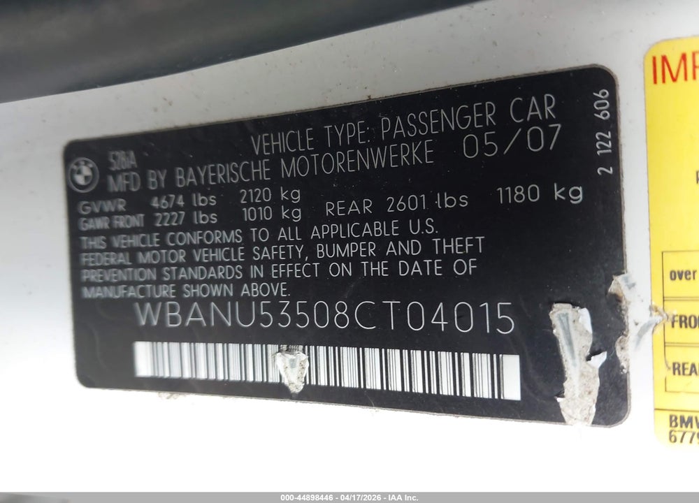 2008 BMW 528I VIN: WBANU53508CT04015