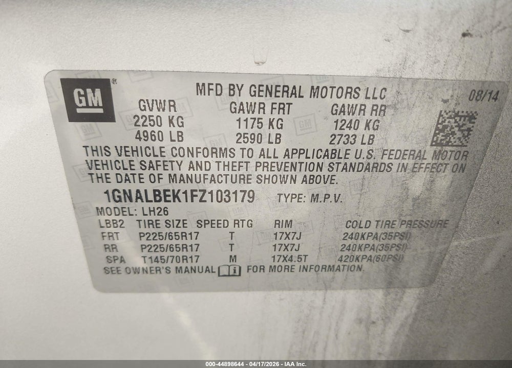 2015 CHEVROLET EQUINOX 1LT VIN: 1GNALBEK1FZ103179