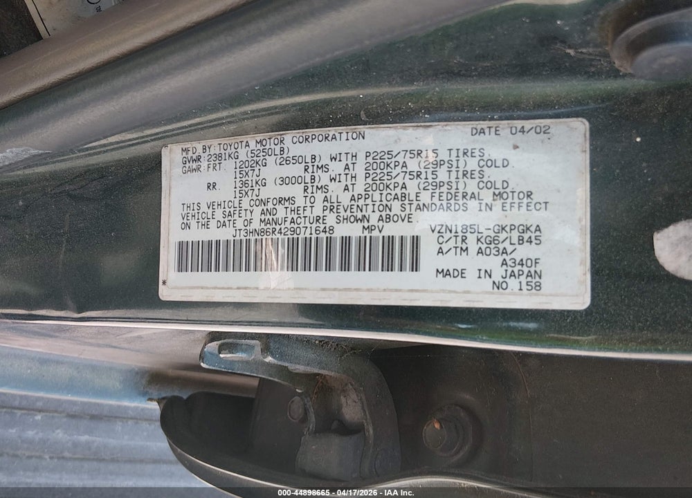 2002 TOYOTA 4RUNNER SR5 V6 VIN: JT3HN86R429071648