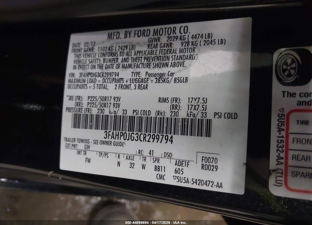 2012 FORD FUSION SEL VIN: 3FAHP0JG3CR299794