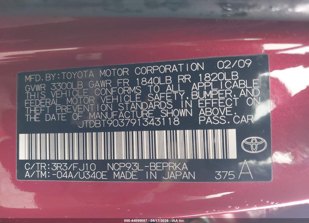 2009 TOYOTA YARIS VIN: JTDBT903791343118