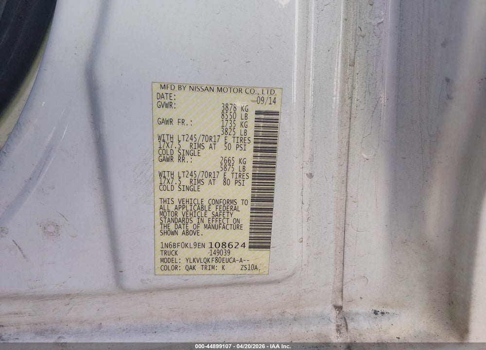2014 NISSAN NV CARGO NV1500 S V6 VIN: 1N6BF0KL9EN108624